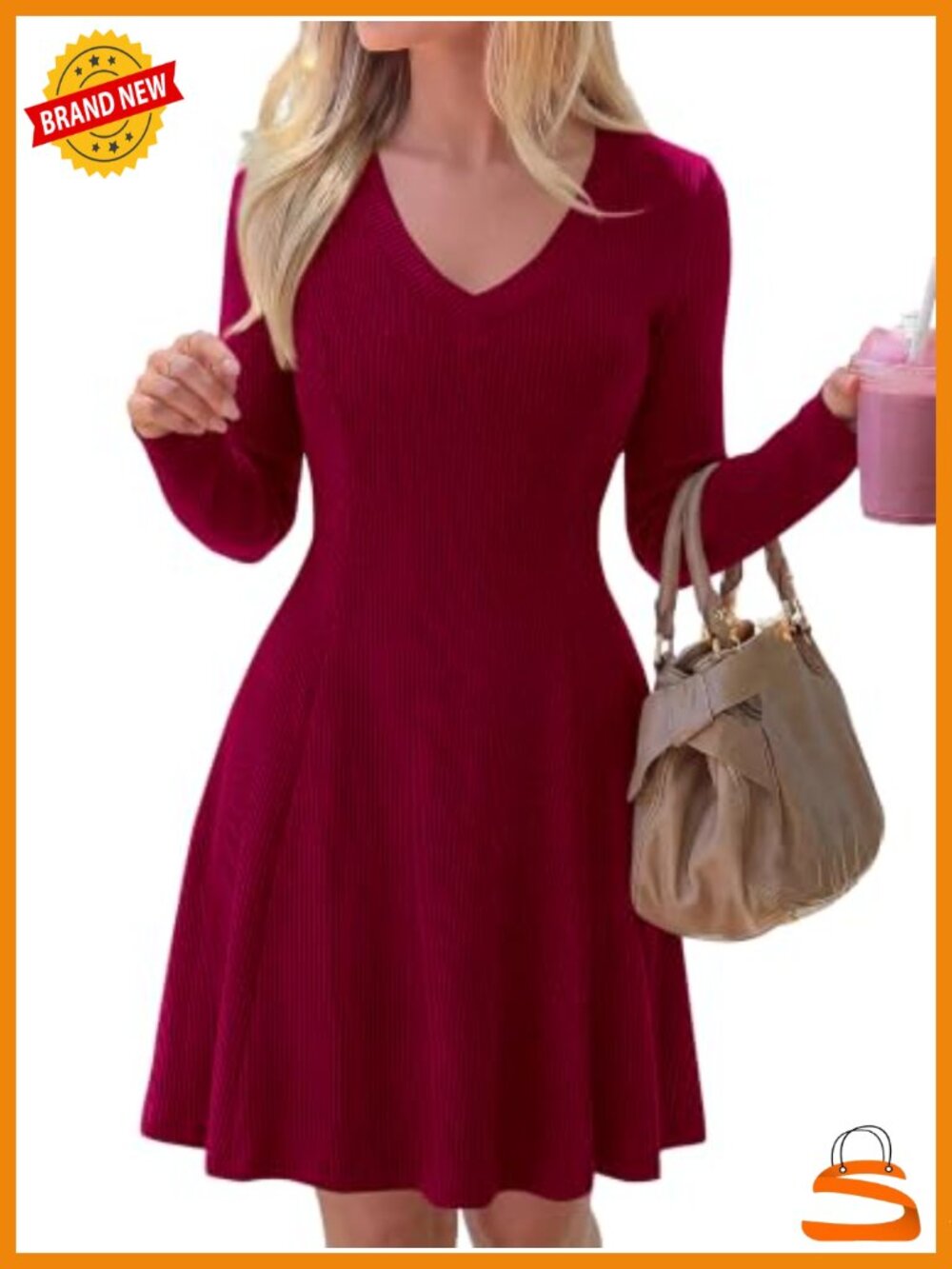 Knit A Line V Neck Long Sleeve Mini Dress Fall Casual Cocktail